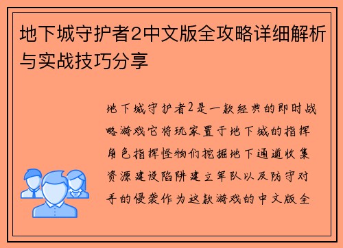 地下城守护者2中文版全攻略详细解析与实战技巧分享