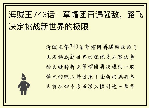 海贼王743话：草帽团再遇强敌，路飞决定挑战新世界的极限